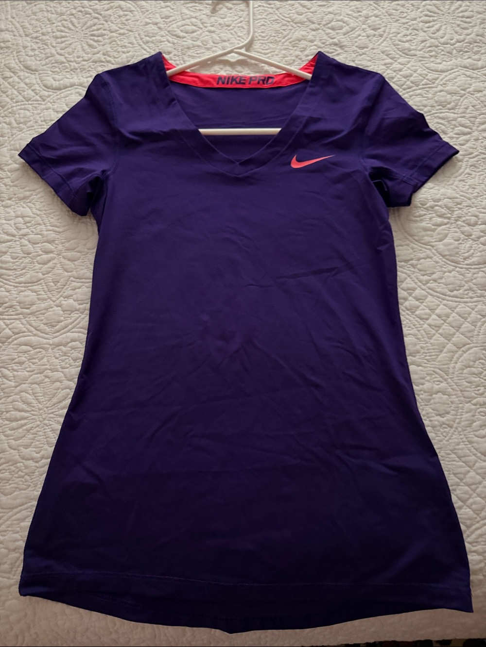 Nike Purple dri-fit stretch V-Neck Short Sleeve Tee with Pink Swoosh